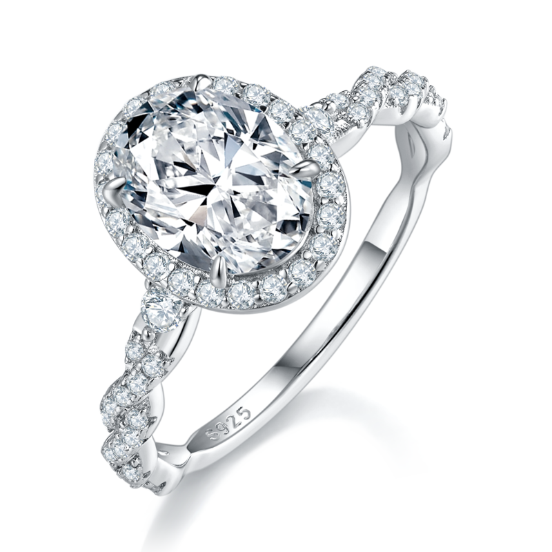蛋形圆包女戒S925银镀白金定制选款主石莫桑钻2.0ct/副石高碳钻