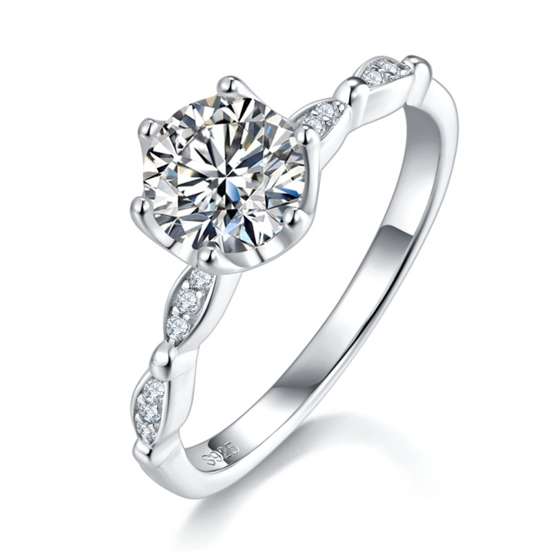 单头Women's RingS925银镀白金定制选款主石Moissanite1.0ct/副石高碳钻