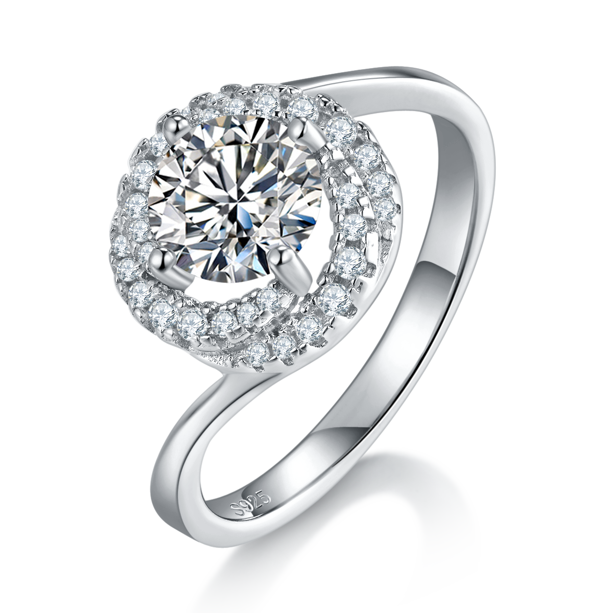 Twisted arm round bag women's ring S925 silver plated platinum custom selection main stone moissanite diamond 1.0ct/secondary stone high carbon diamond