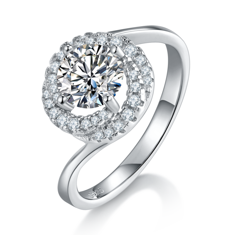 扭臂圆包女戒S925银镀白金定制选款主石莫桑钻1.0ct/副石高碳钻