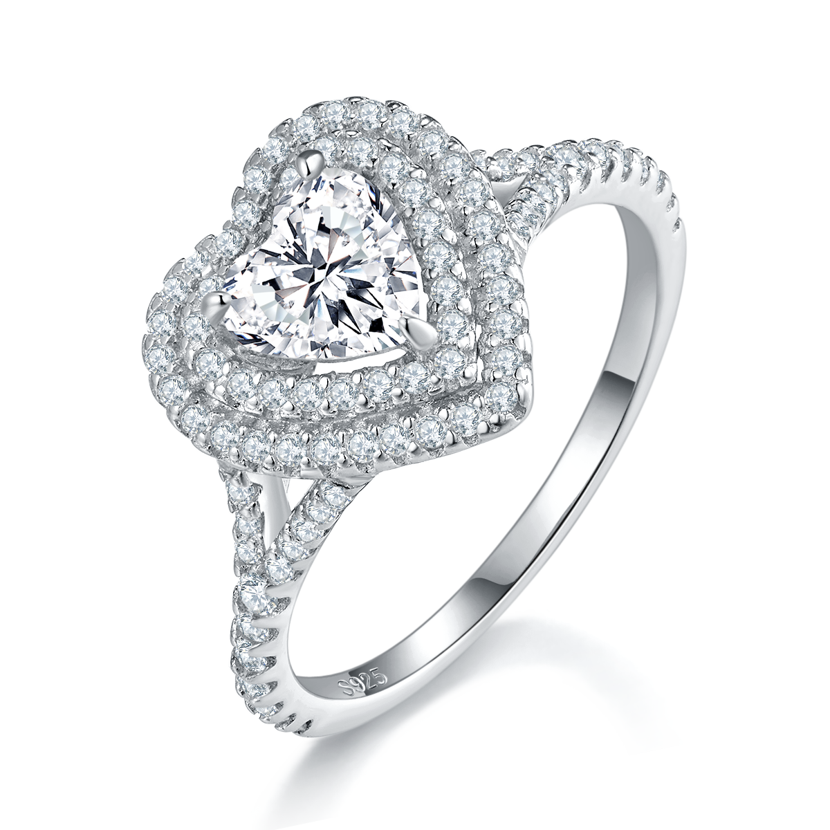 Heart shaped double-layer inlaid women's ring S925 silver plated platinum customized selection main stone moissanite diamond 0.8ct/secondary stone high carbon diamond