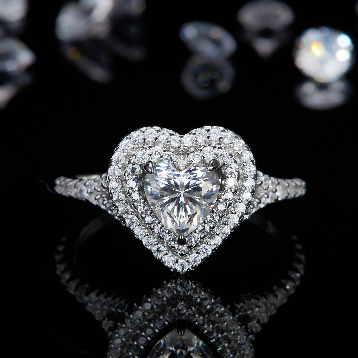 Heart shaped double-layer inlaid women's ring S925 silver plated platinum customized selection main stone moissanite diamond 0.8ct/secondary stone high carbon diamond