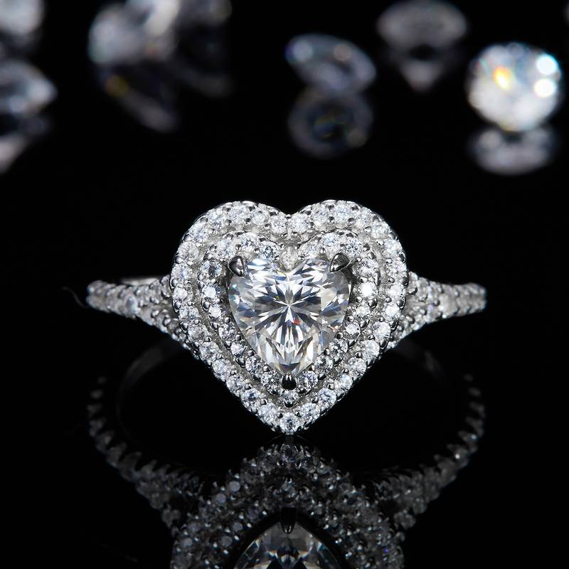心形双层围镶Women's RingS925银镀白金定制选款主石Moissanite0.8ct/副石高碳钻