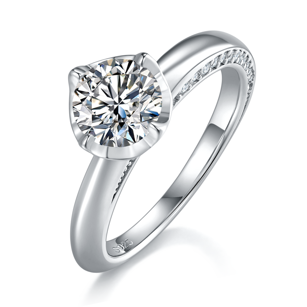 单头女戒S925银镀白金定制选款主石莫桑钻1.0ct/副石高碳钻