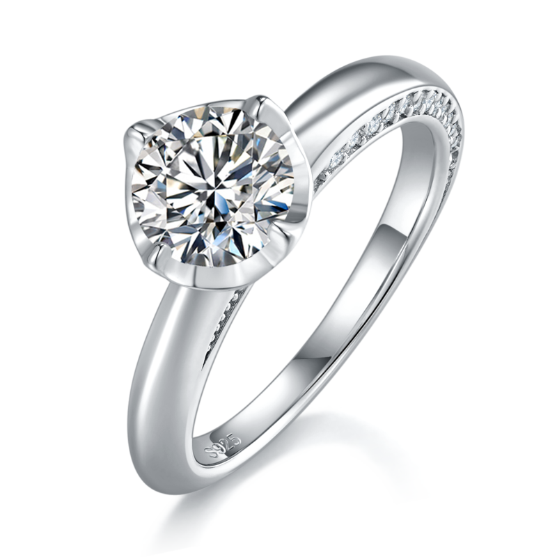 单头女戒S925银镀白金定制选款主石莫桑钻1.0ct/副石高碳钻