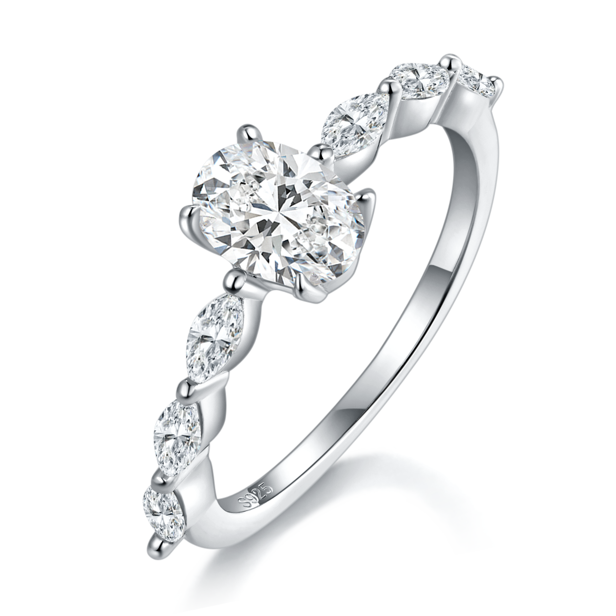 蛋形女戒S925银镀白金定制选款主石莫桑钻1.0ct/副石高碳钻