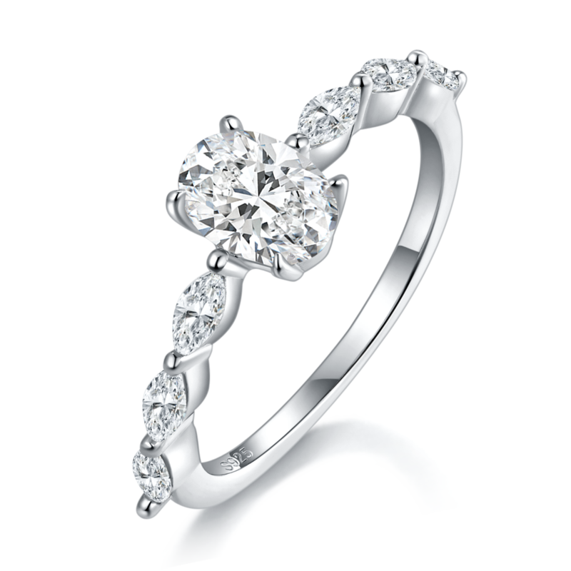 蛋形Women's RingS925银镀白金定制选款主石Moissanite1.0ct/副石高碳钻