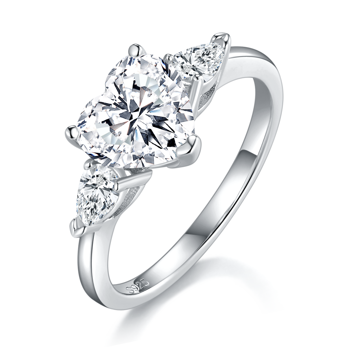 三石心形女戒S925银镀白金定制选款主副石莫桑钻2.0ct