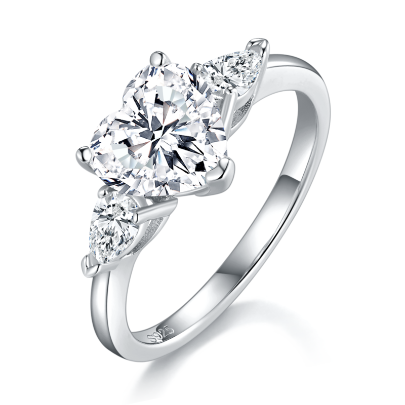 三石心形Women's RingS925银镀白金定制选款主副石Moissanite2.0ct
