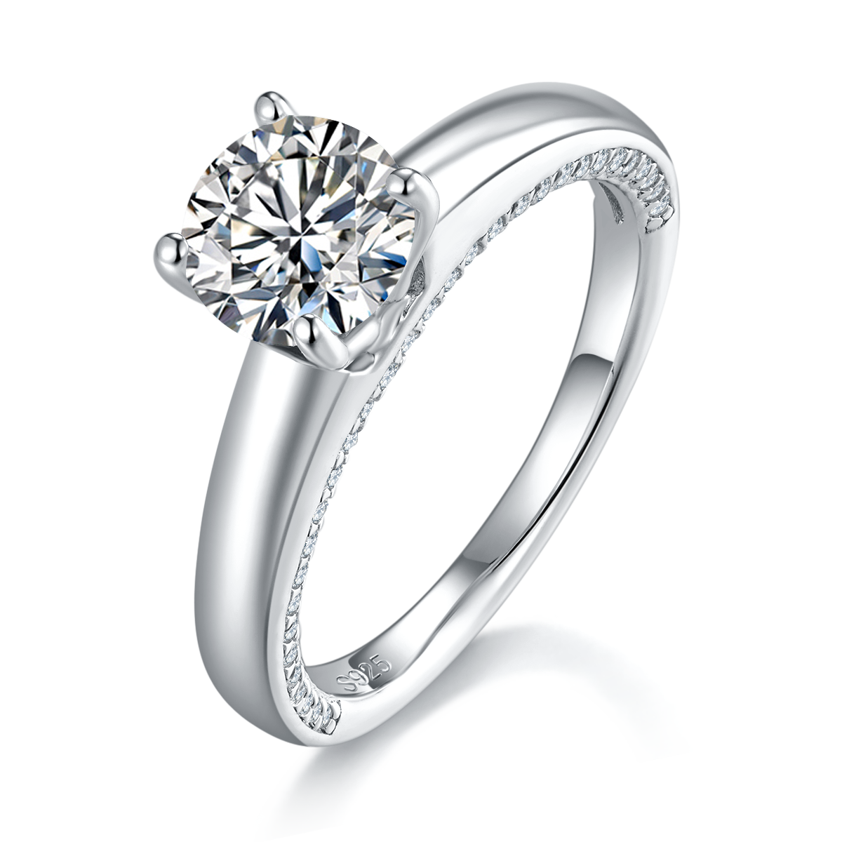 四爪女戒S925银镀白金定制选款主石莫桑钻1.2ct/副石高碳钻