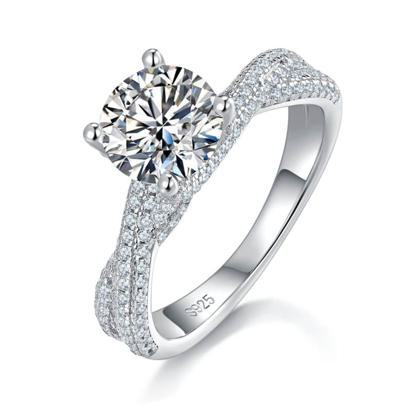 四爪Women's RingS925银镀白金定制选款主石Moissanite1.5ct/副石高碳钻