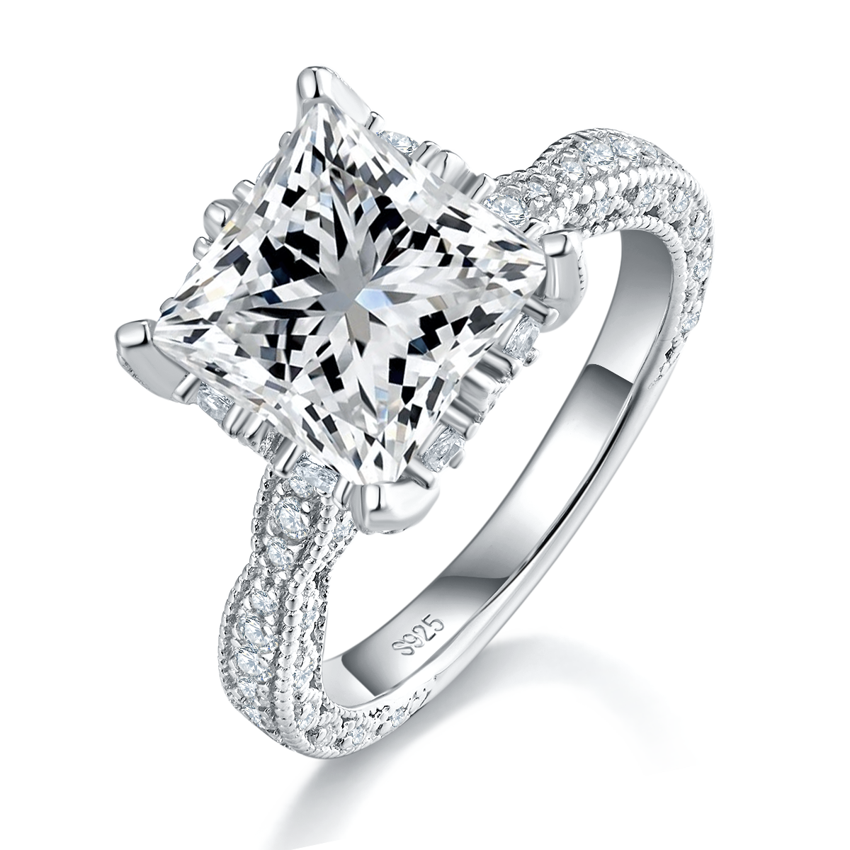 Deluxe Princess Fang Women's Ring S925 Silver Plated Platinum Customized Selection Main Stone Moissanite Diamond 4.0ct/Secondary Stone High Carbon Diamond