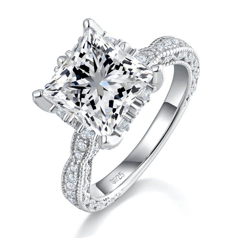 豪华公主方女戒S925银镀白金定制选款主石莫桑钻4.0ct/副石高碳钻