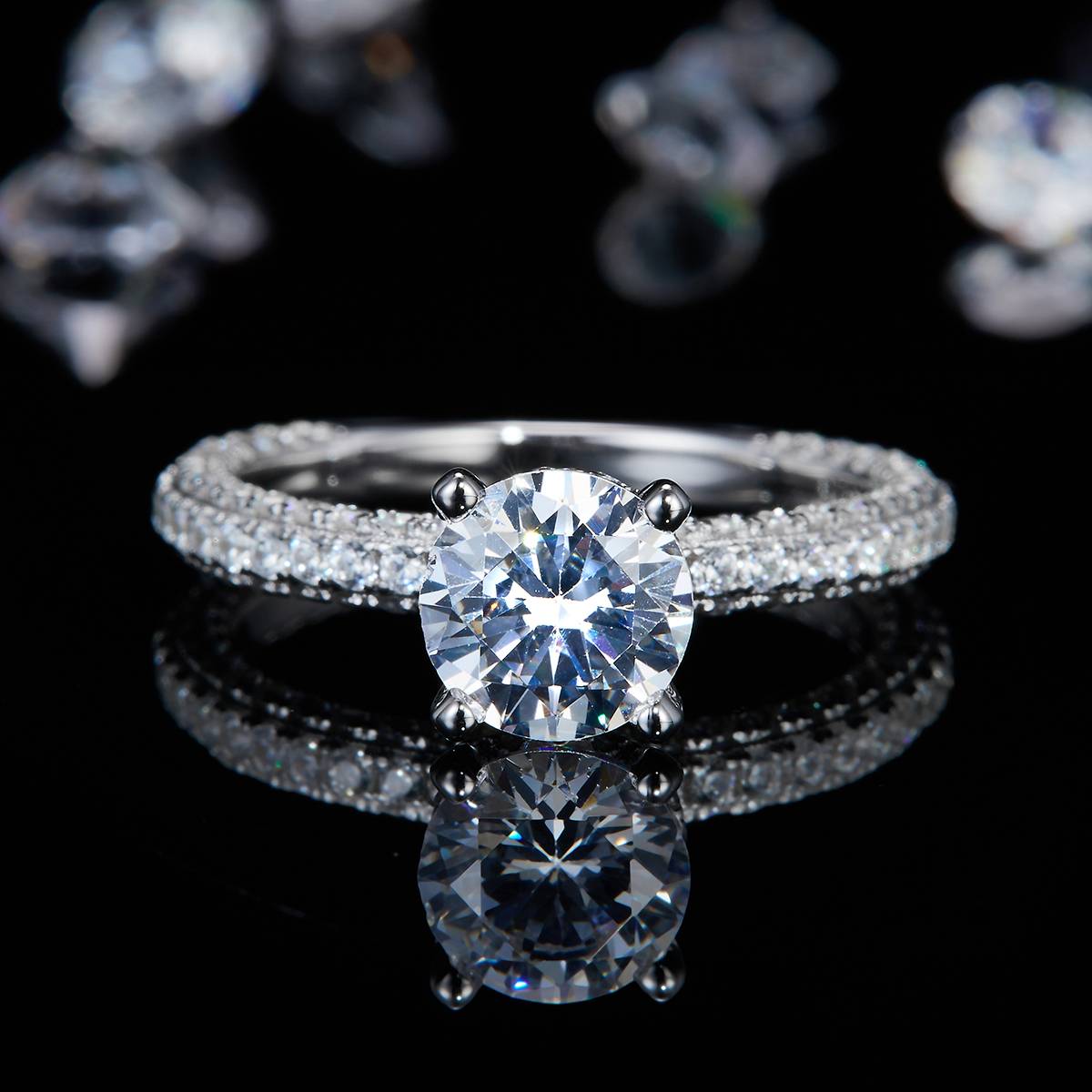 Four Claw Round Diamond Full Diamond Luxury Set Women's Ring S925 Silver Plated Platinum Customized Selection Main Stone Moissanite Diamond 1.2ct/Secondary Stone High Carbon Diamond