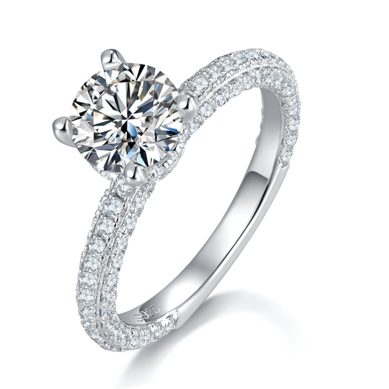 四爪圆钻满钻豪镶女戒S925银镀白金定制选款主石莫桑钻1.2ct/副石高碳钻