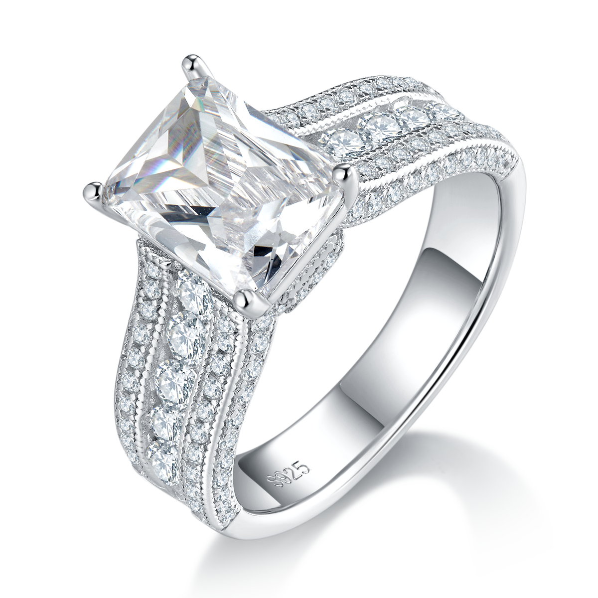 Emerald cut diamond luxury set women's ring S925 silver plated platinum customized selection main stone Moissanite diamond 3.0ct/secondary stone high carbon diamond