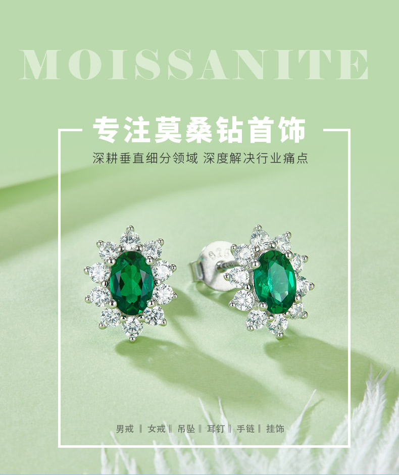 E2020114 蛋形培育祖母绿S925银镀白金耳环6*4mm/0.8CT - 1