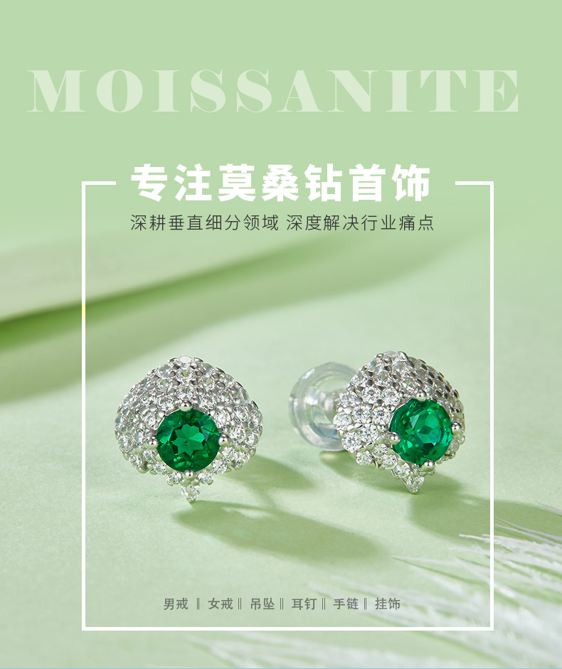 E2020419 圆形培育祖母绿S925银镀白金耳环4.0mm/0.6CT - 1