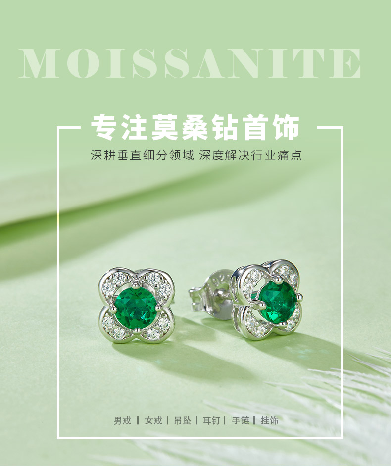 E2020422 圆形培育祖母绿S925银镀白金耳环4.0mm/0.45CT - 1