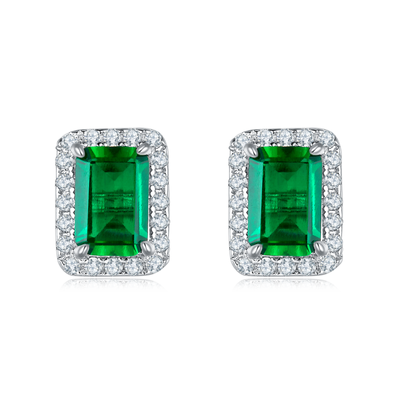 E2020423 长方培育彩宝S925银镀白金耳环6*4mmmm/2.0ct