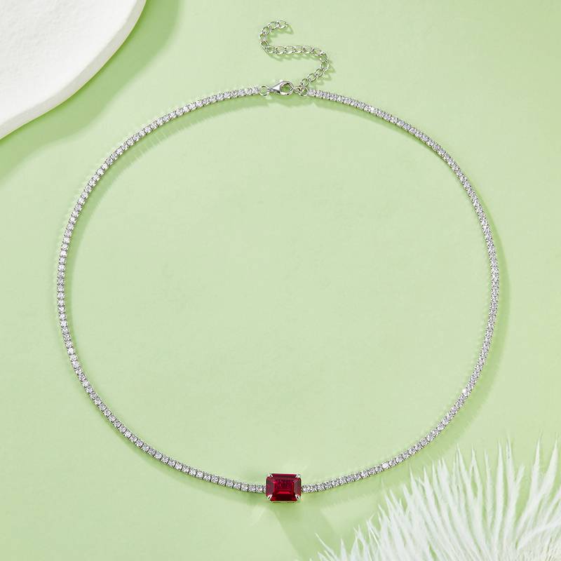 P3166 长方培育彩宝S925银镀白金Necklace主石10*8mmmm/4.0ct