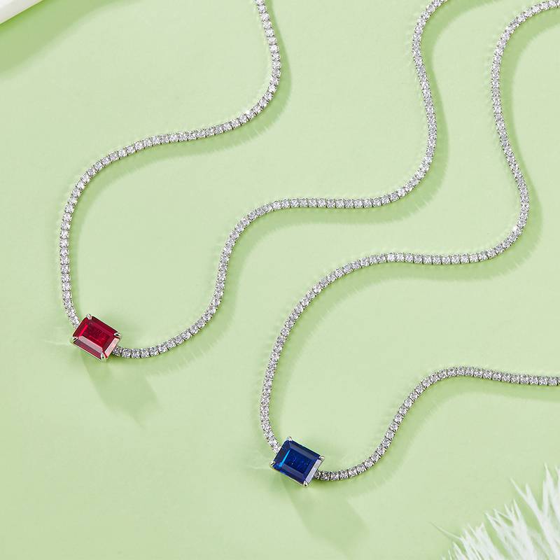 P3166 长方培育彩宝S925银镀白金Necklace主石10*8mmmm/4.0ct