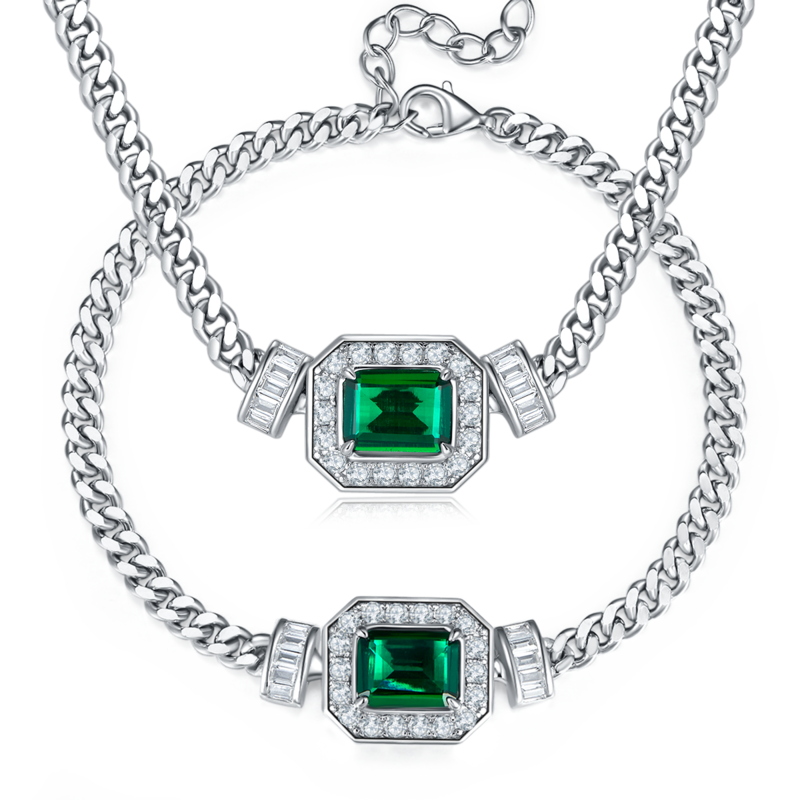 PL1548-1 长方培育祖母绿S925银镀白金NecklaceBracelet套装主石9*7mmmm/1.83ct