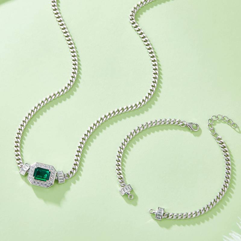 PL1548-1 长方培育祖母绿S925银镀白金NecklaceBracelet套装主石9*7mmmm/1.83ct