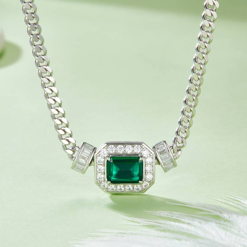 PL1548-1 长方培育祖母绿S925银镀白金NecklaceBracelet套装主石9*7mmmm/1.83ct