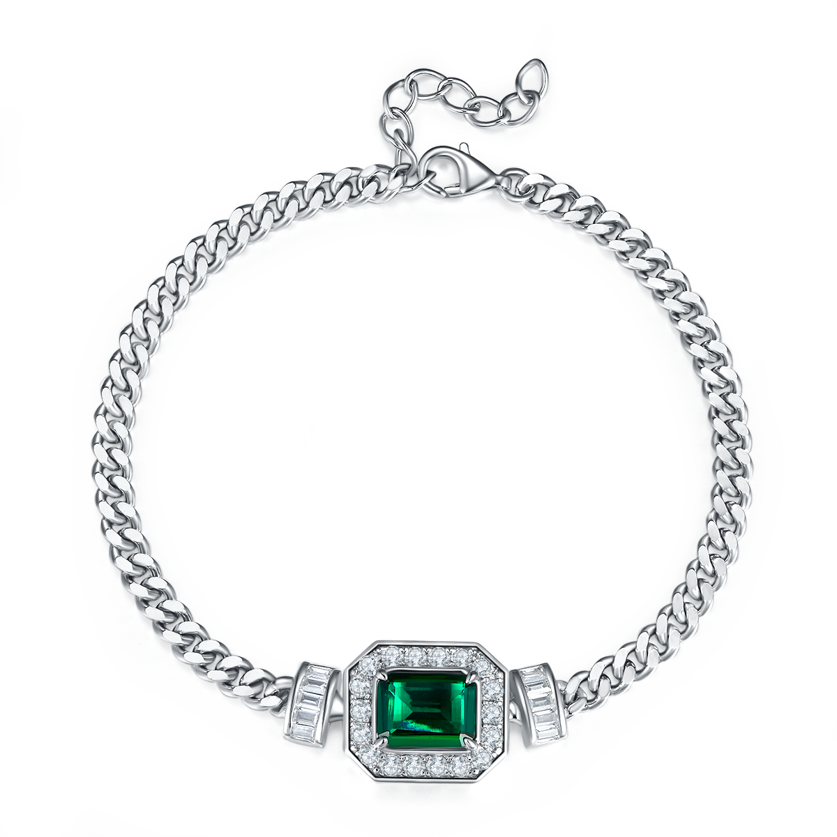 PL1548-1 长方培育祖母绿S925银镀白金项链手链套装主石9*7mm/1.83CT