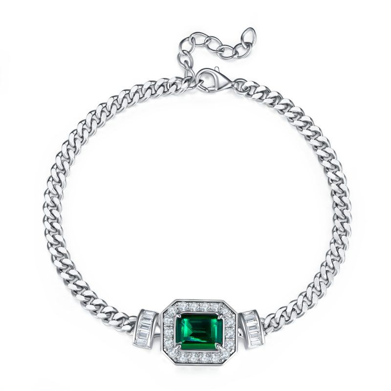 PL1548-1 长方培育祖母绿S925银镀白金NecklaceBracelet套装主石9*7mmmm/1.83ct