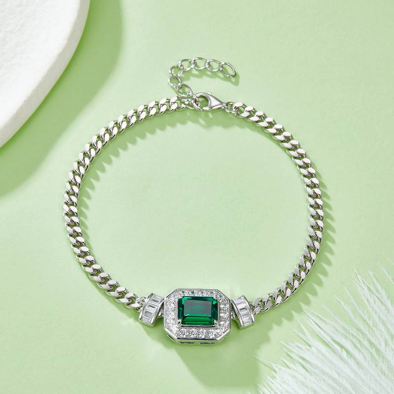 PL1548-1 长方培育祖母绿S925银镀白金NecklaceBracelet套装主石9*7mmmm/1.83ct
