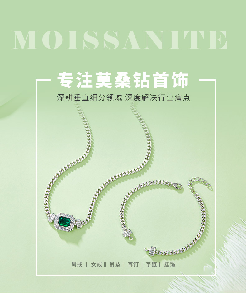 PL1548-1 长方培育祖母绿S925银镀白金项链手链套装主石9*7mm/1.83CT - 1