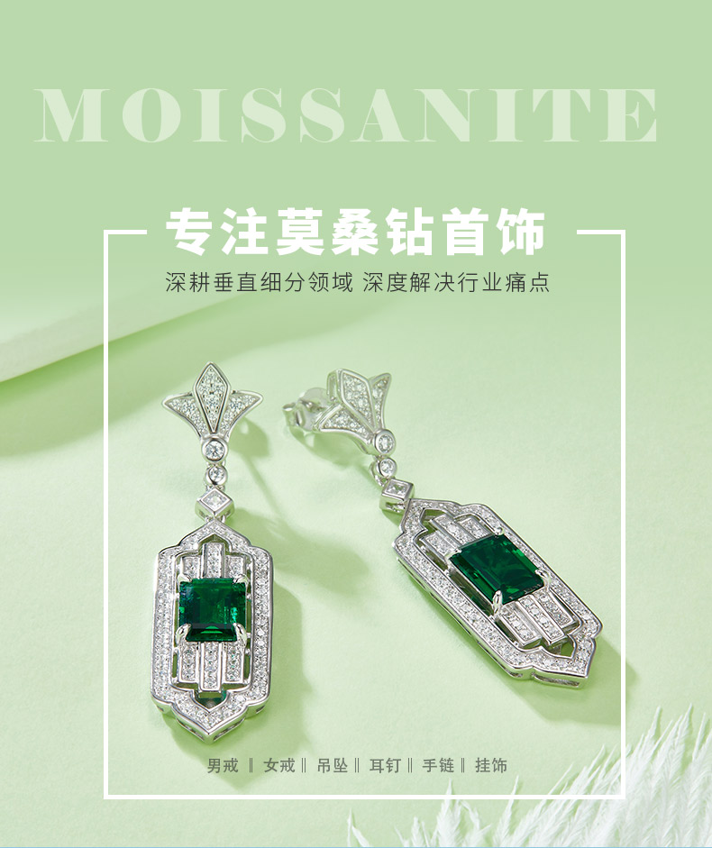 E0825 长方培育祖母绿S925银镀白金耳环主石9*7mm/3.65CT - 1