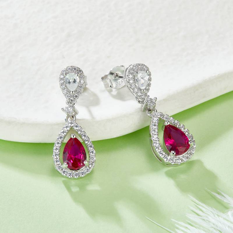 E1634R 梨形培育红宝石S925银镀白金耳环主石7*5mmmm/1.5ct