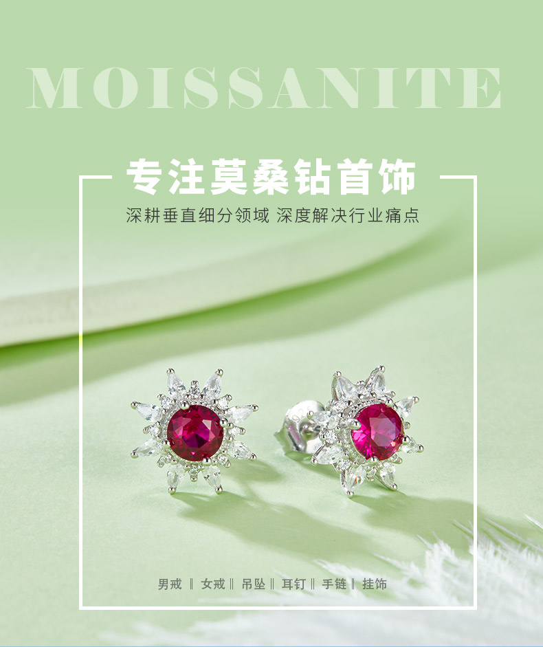 E1641R 圆形培育红宝石S925银镀白金耳环主石5mm/1.0CT - 1