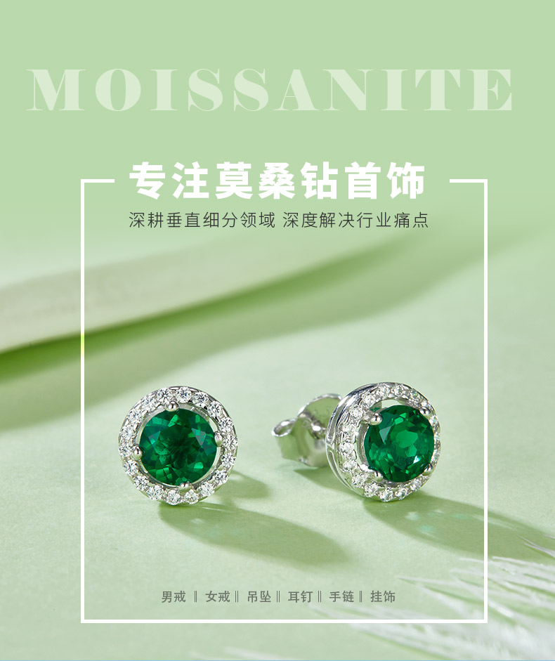 E2020280 圆形形培育祖母绿S925银镀白金耳环主石5mm/1.0CT - 1