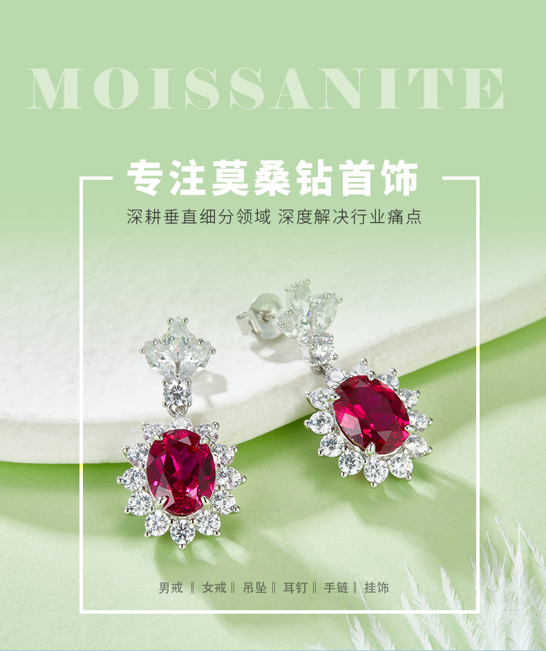 P0052R 蛋形培育红宝石S925银镀白金耳环主石9*7mm/3.2CT - 1
