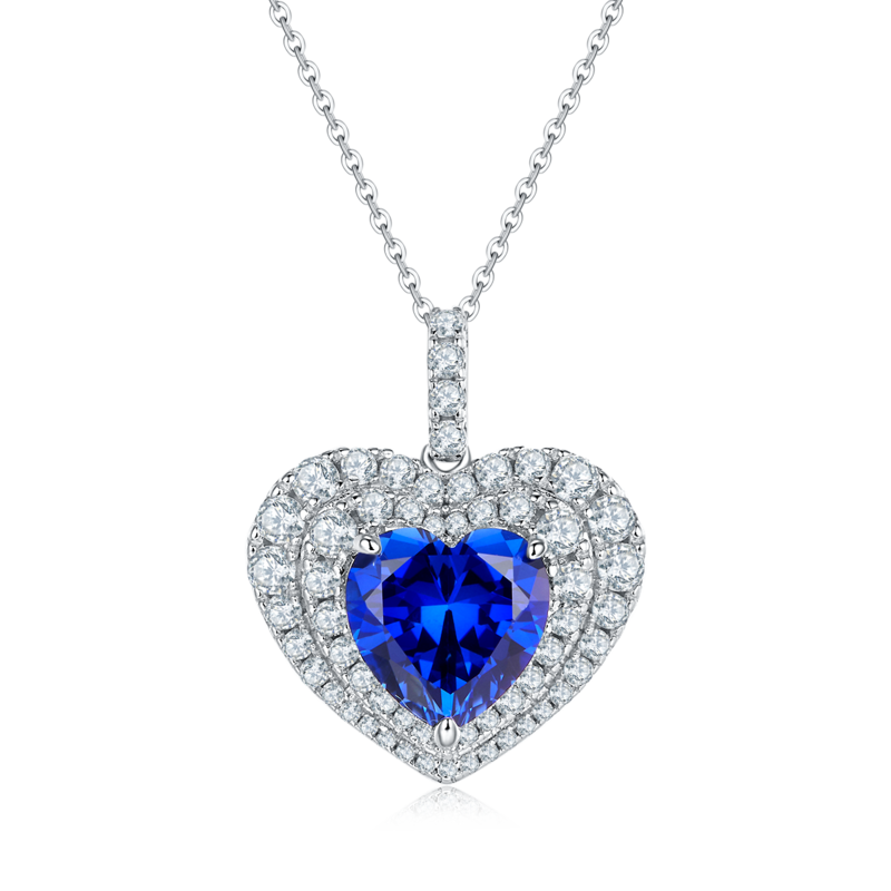 P0076 心形培育彩宝S925银镀白金Necklace主石10mm/4.5ct