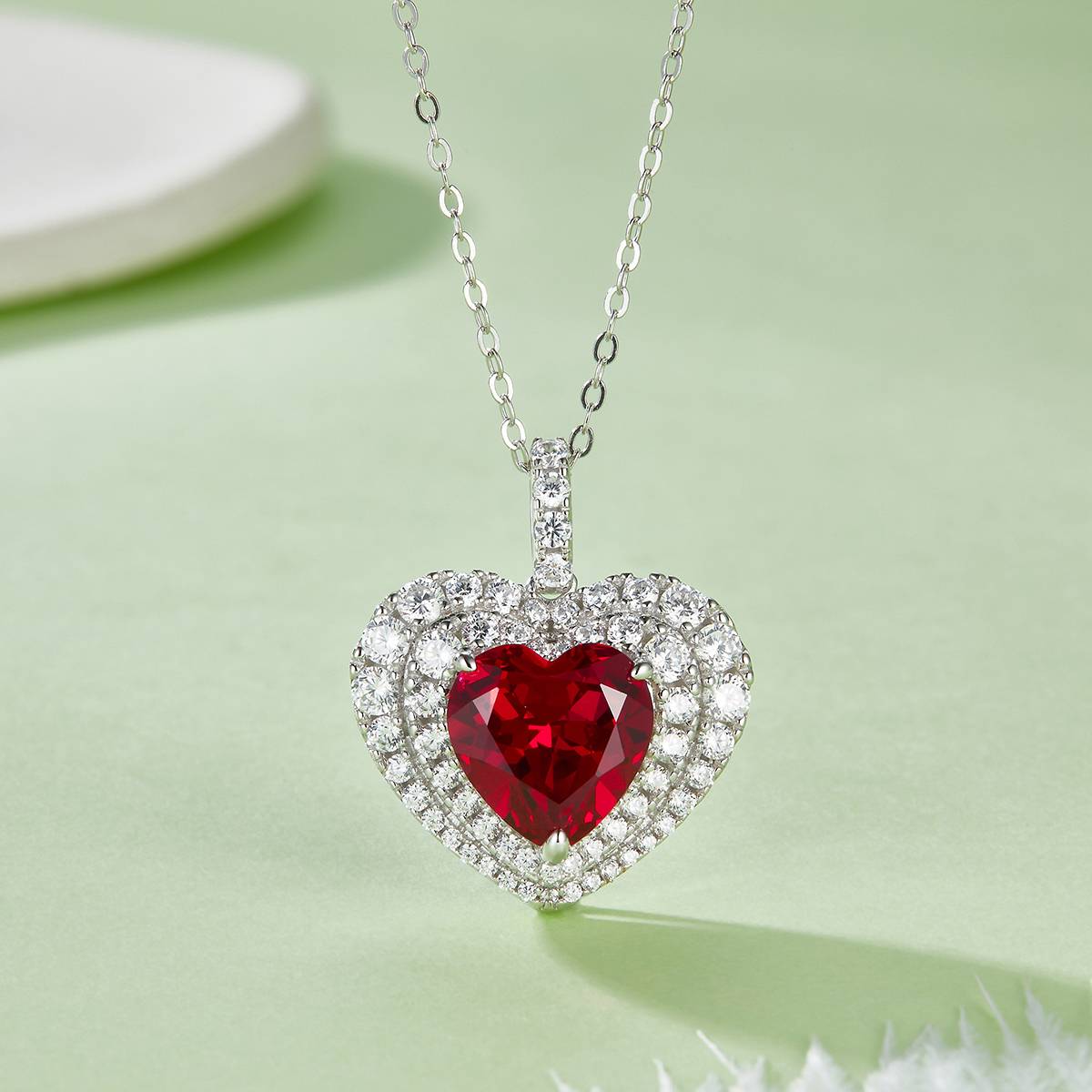 P0076 心形培育彩宝S925银镀白金项链主石10mm/4.5CT