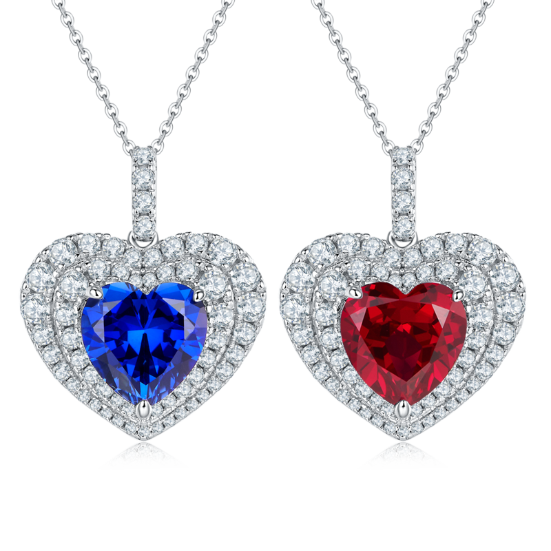 P0076 心形培育彩宝S925银镀白金Necklace主石10mm/4.5ct