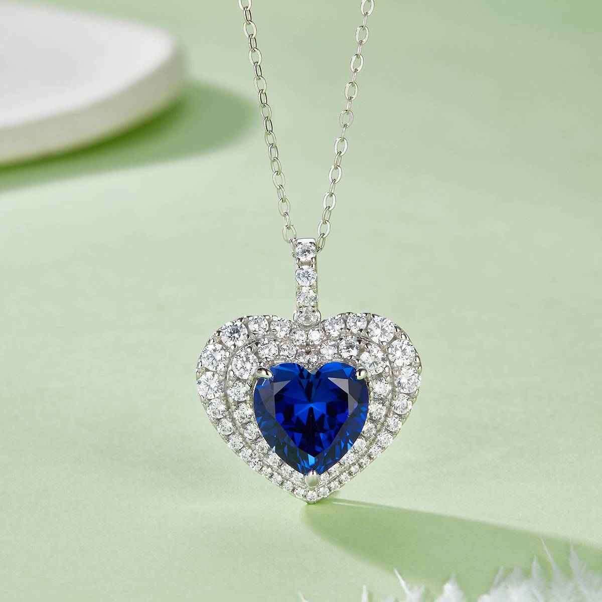 P0076 心形培育彩宝S925银镀白金项链主石10mm/4.5CT