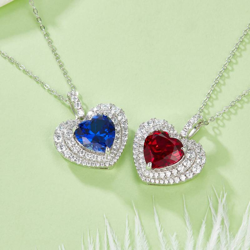 P0076 心形培育彩宝S925银镀白金Necklace主石10mm/4.5ct