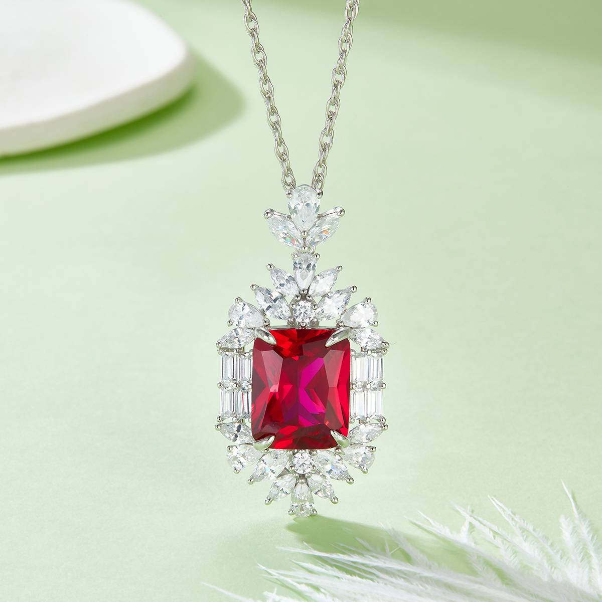 P-015R 长方培育红宝石S925银镀白金Necklace主石15*12mmmm/12.86ct