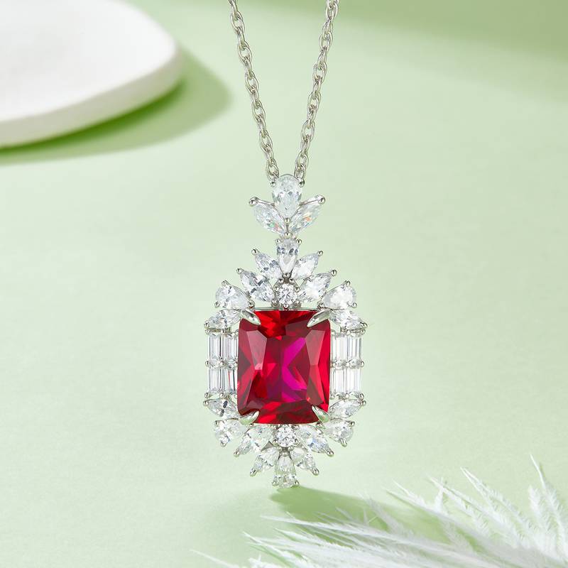 P-015R 长方培育红宝石S925银镀白金Necklace主石15*12mmmm/12.86ct