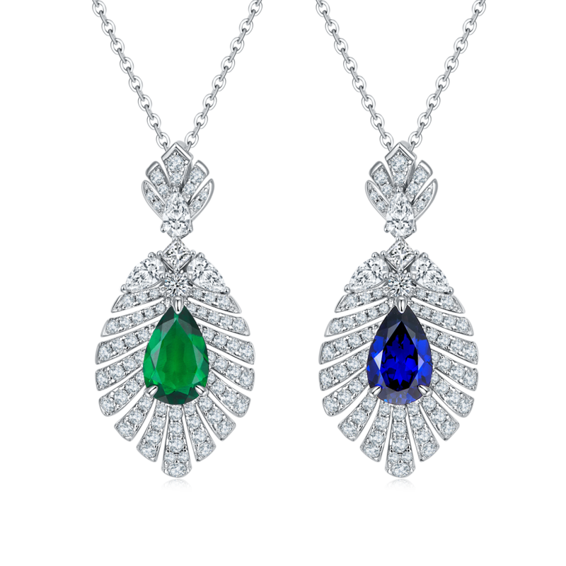 P0830 梨形培育彩宝S925银镀白金Necklace主石11*7mmmm/2.75ct