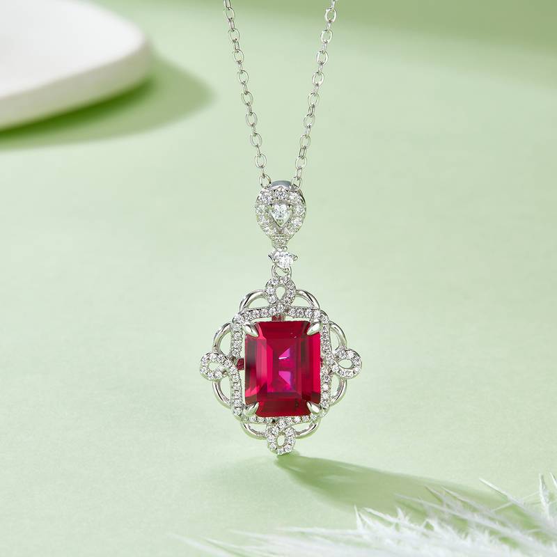 P1468R 长方培育红宝石S925银镀白金Necklace10*8mmmm/4.23ct