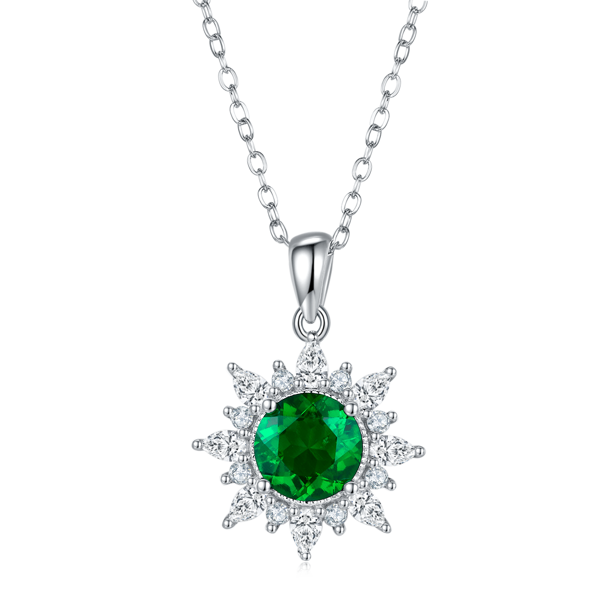 P1642 圆形培育彩宝S925银镀白金Necklace主石7.0mm/2.0ct