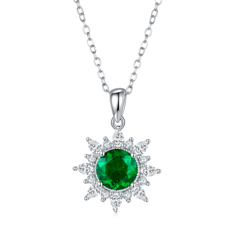 P1642 圆形培育彩宝S925银镀白金Necklace主石7.0mm/2.0ct
