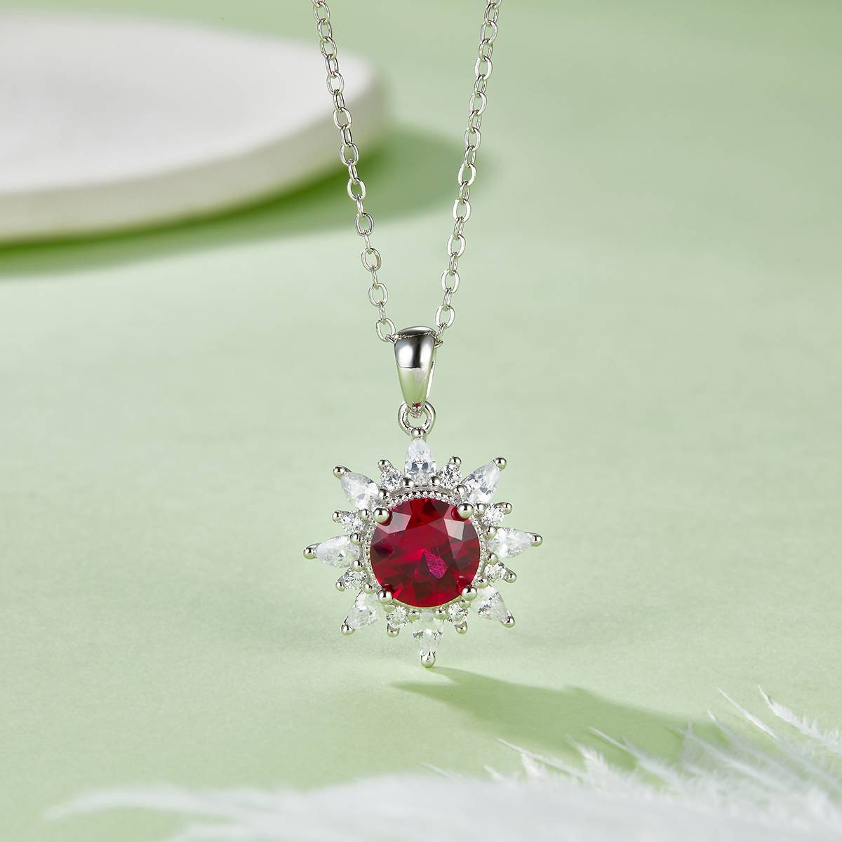 P1642 圆形培育彩宝S925银镀白金Necklace主石7.0mm/2.0ct